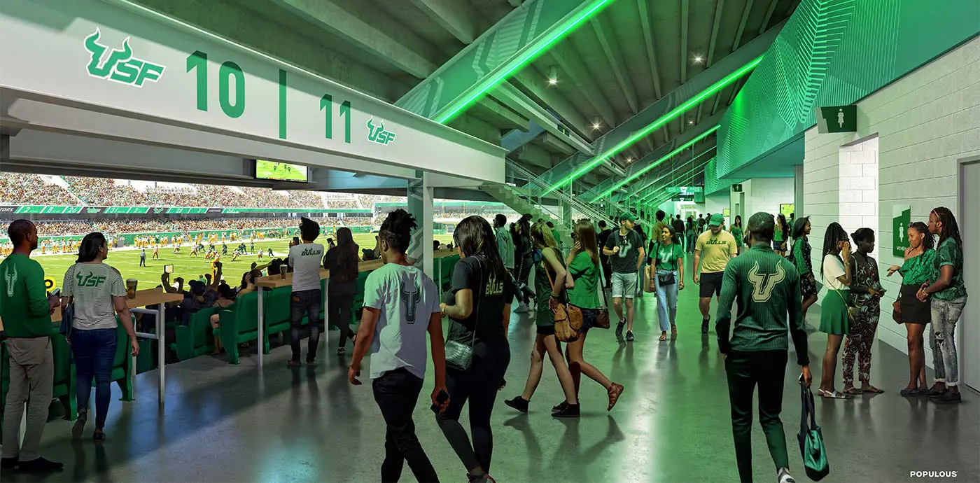Rendering of fans walking through the stadium concourse