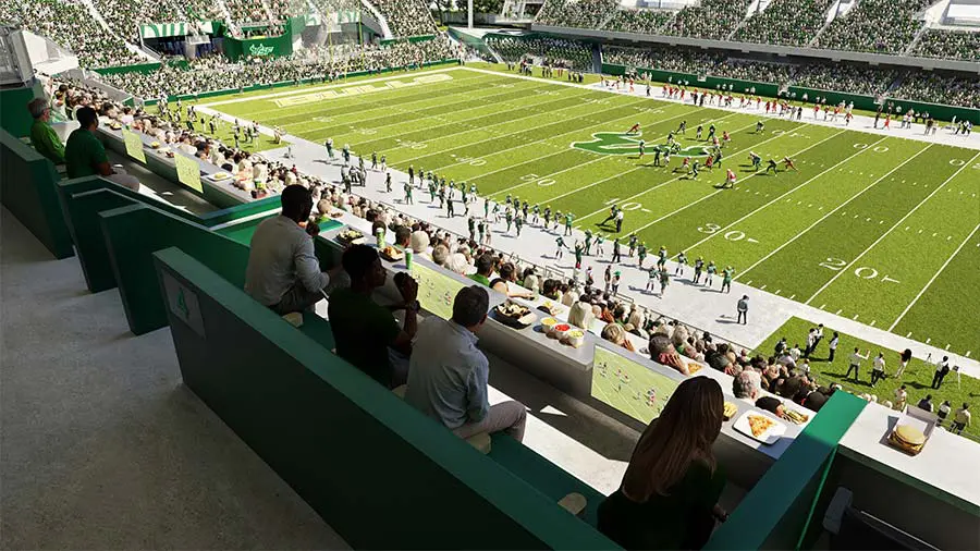 Rendering of sideline living room box with lounge seating
