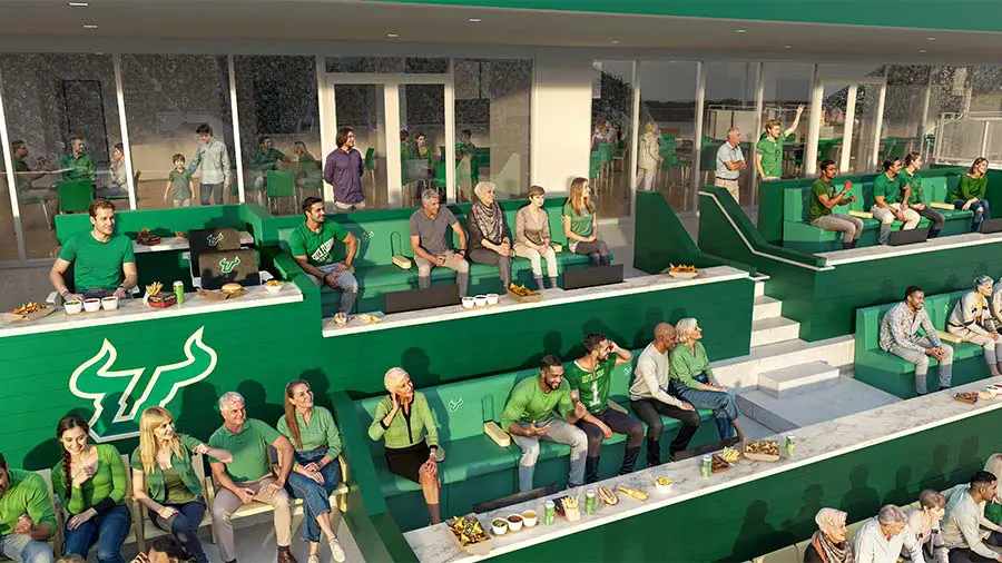 Rendering of sideline living room box amenities